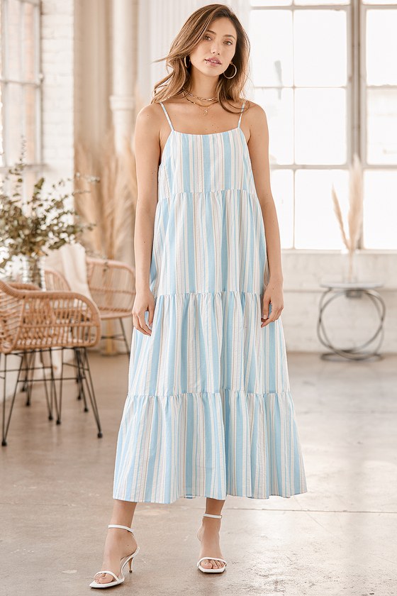 Light Blue Striped Dress - Tiered Maxi ...